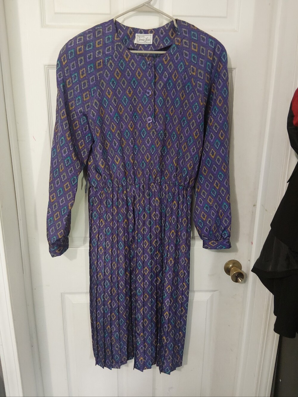 Long Sleeve Purple Geometric Print Midi Dress Vintage Jerrie Lurie